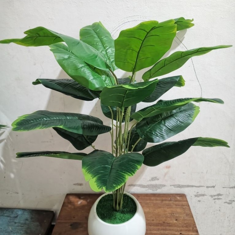 PROMOSet Pot Bulat + Tanaman Hias Palem dan Pisang Hias Artifisial | Tanaman Plastik ImitasiTERLARIS
