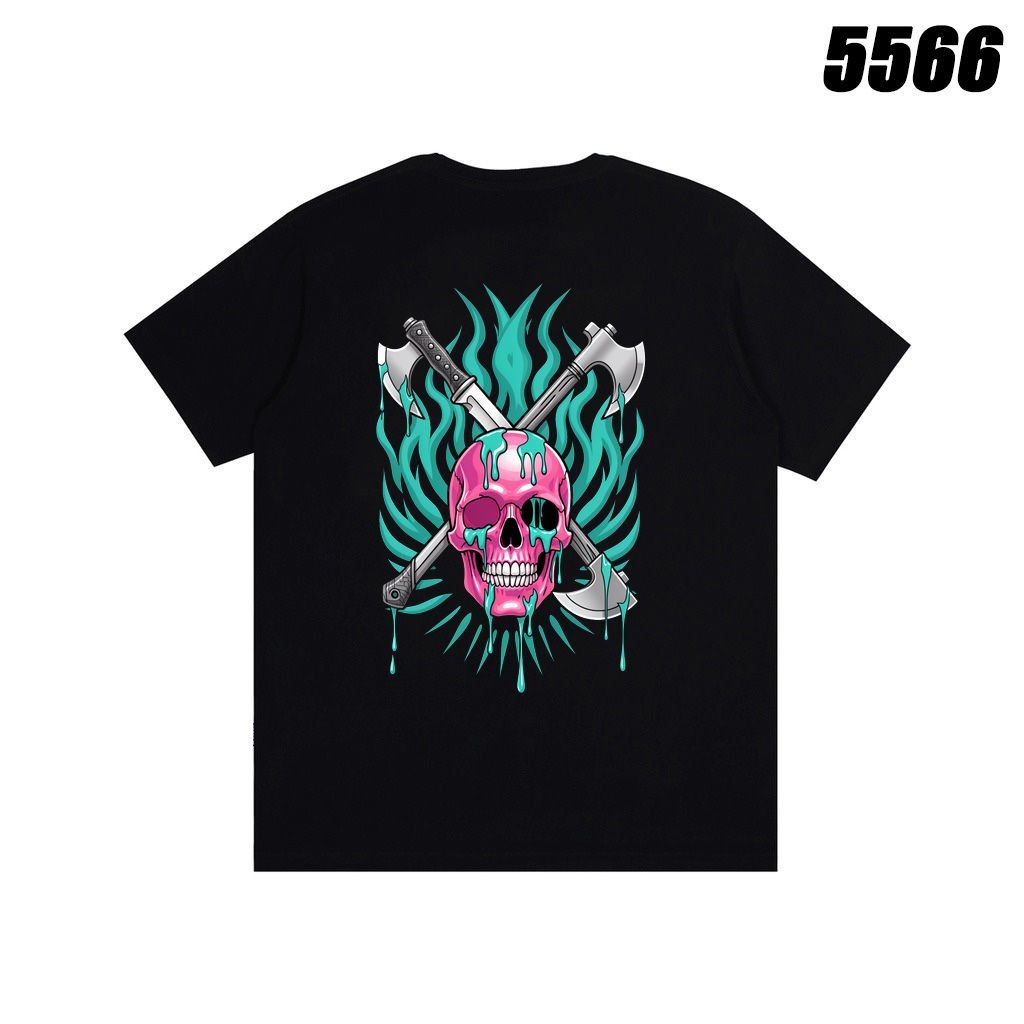 Black T - shirt with pink skull, crossed axes and green flame pattern