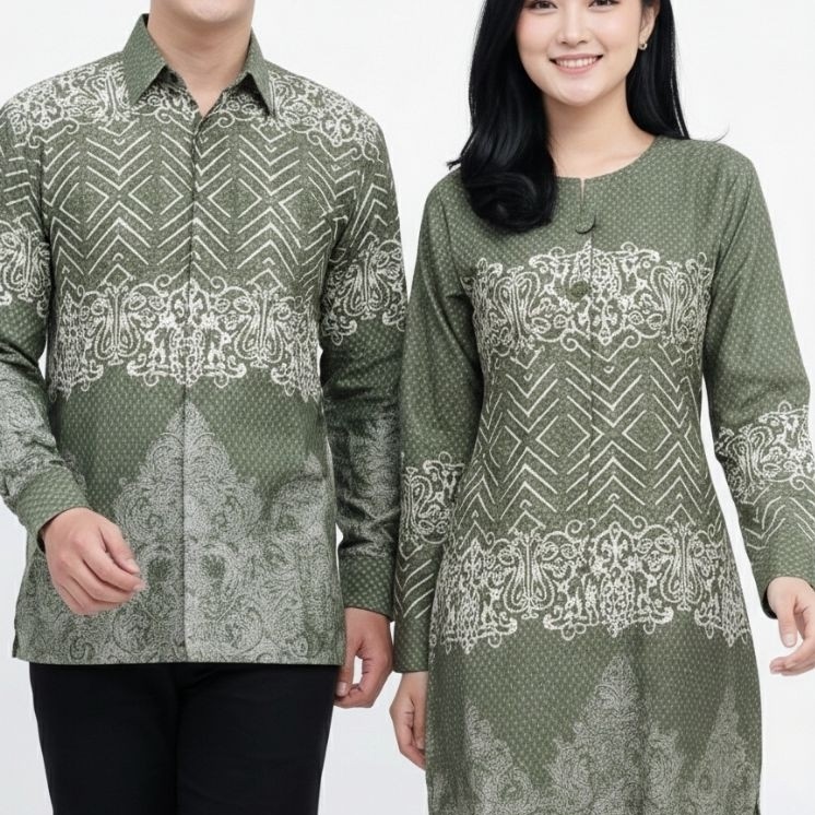Couple Batik Pria Wanita Dobby Furing Premium | Atasan Batik Hijau Pria Wanita Lengan Panjang | Tuni
