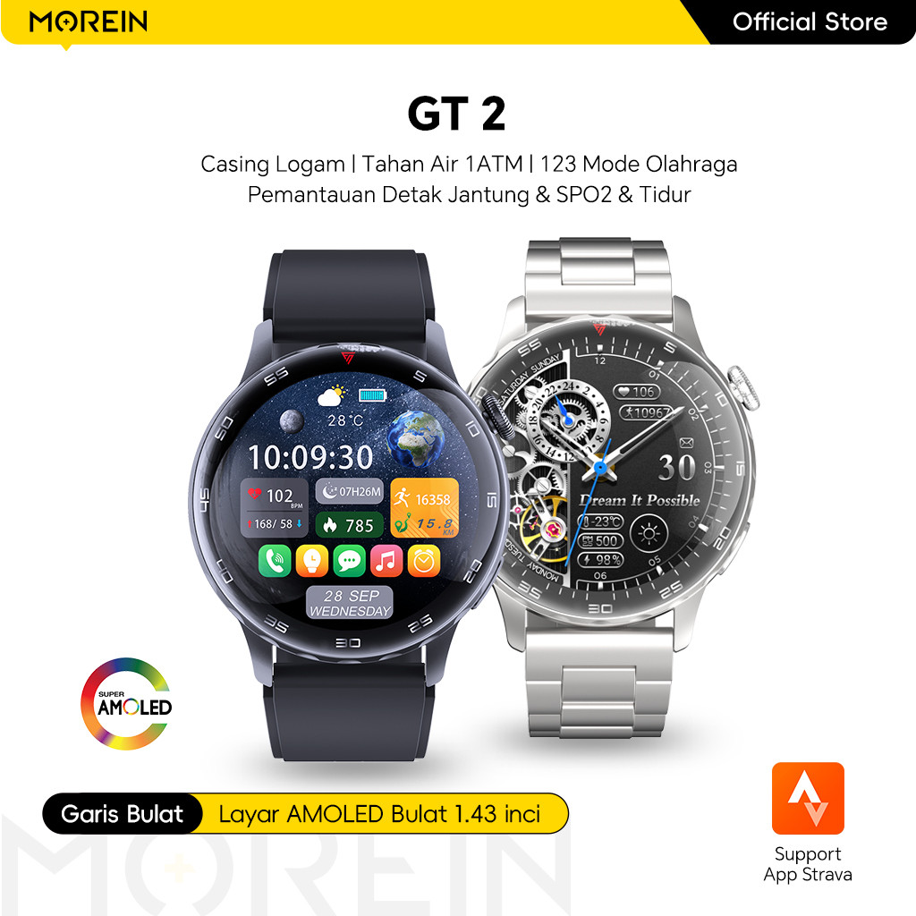 Morein Plus GT2 Smartwatch - Layar AMOLED 1.43'' | Casing Logam | Tahan Air 1ATM | 123 Mode Olahraga