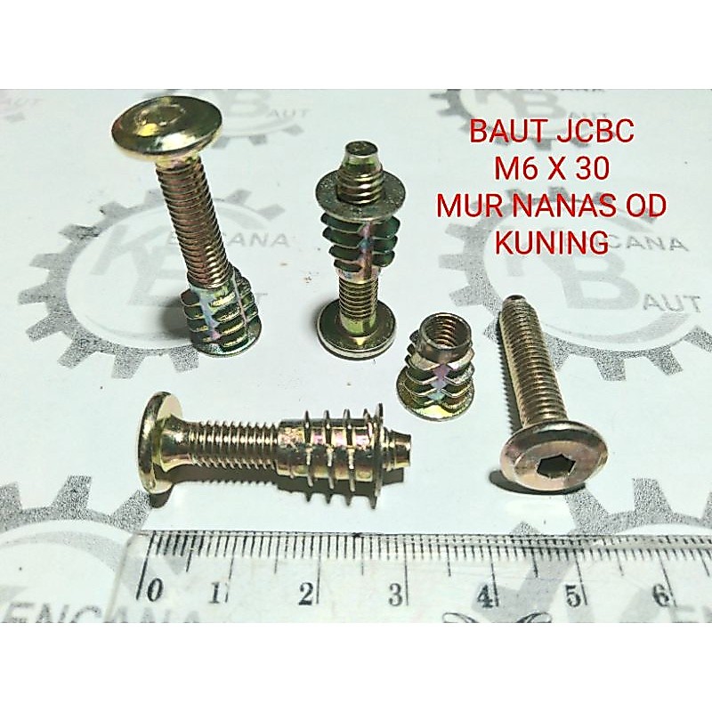 BAUT JCBC M6 X 30 DAN MUR NANAS OD KUNING KUNCI L4 PANJANG 3 CM