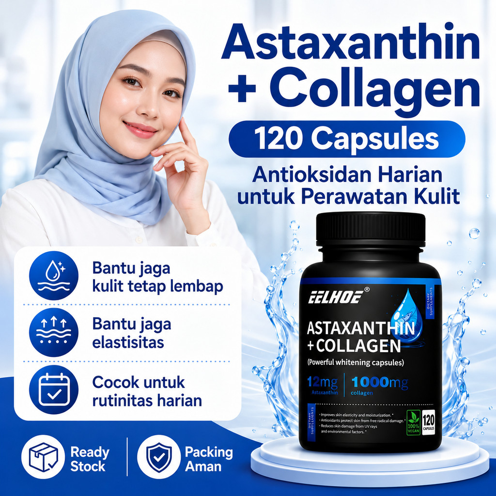 EELHOE Astaxanthin 12mg Collagen 1000mg Suplemen Kulit Glowing Antioksidan Untuk Kulit Kusam Kering