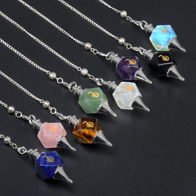 Liontin Pendulum Simbol Kekuatan Persegi, Rune Reiki Batu Kristal Meditasi Pendulum