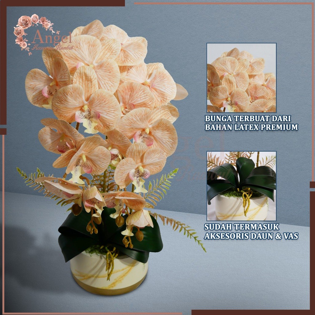 PROMORangkaian Anggrek Latex Artificial Pot Keramik | Bunga Tiruan Premium Hiasan Meja Estetik | Ran