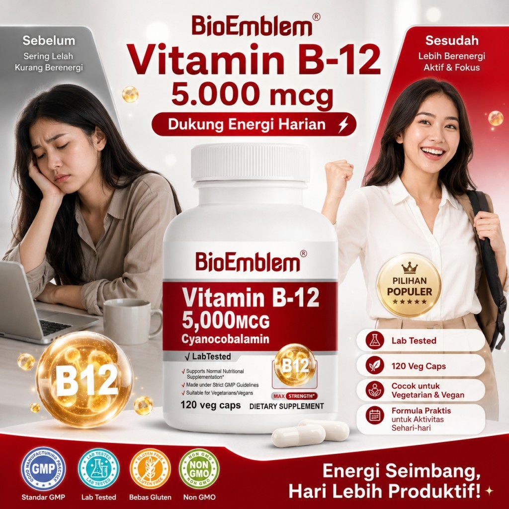 BioEmblem Vitamin B12 5000MCG, 120 Veg Caps, Suplemen Vitamin B12 Cyanocobalamin, Mudah Lelah, Bantu