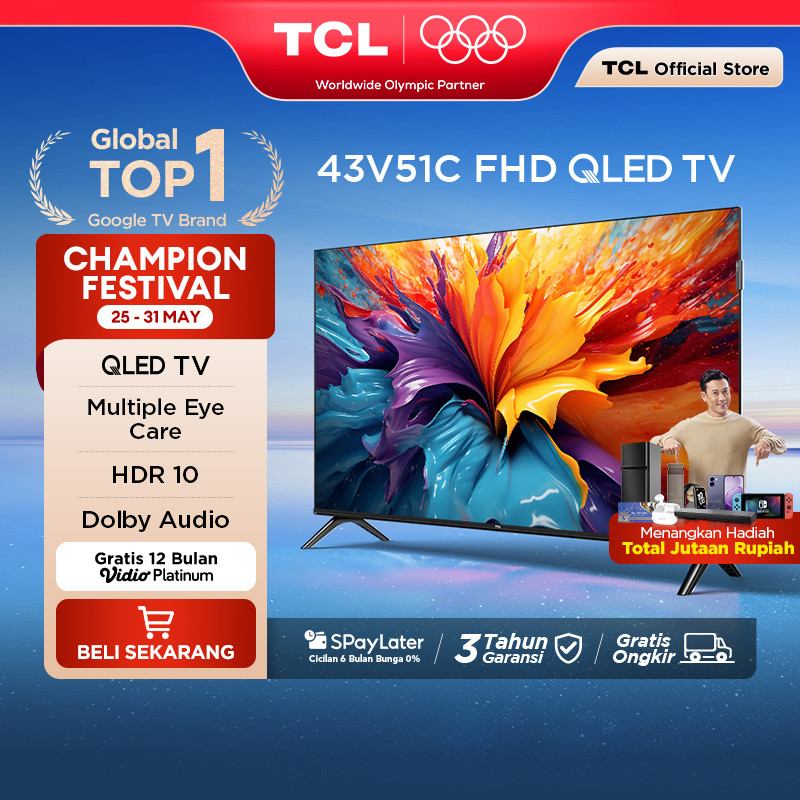TCL 43 inch V51C - QLED - HDR 10 - Multiple Eye Care - Dolby Audio - Bezel-less (Model: 43V51C)