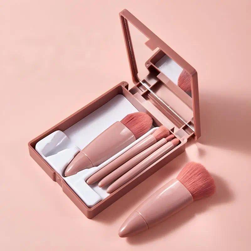 OntheGo Beauty Magic Box 5Piece Portable Mirror Case Cosmetic Brush Set with Flat Brush Cheek Use & 
