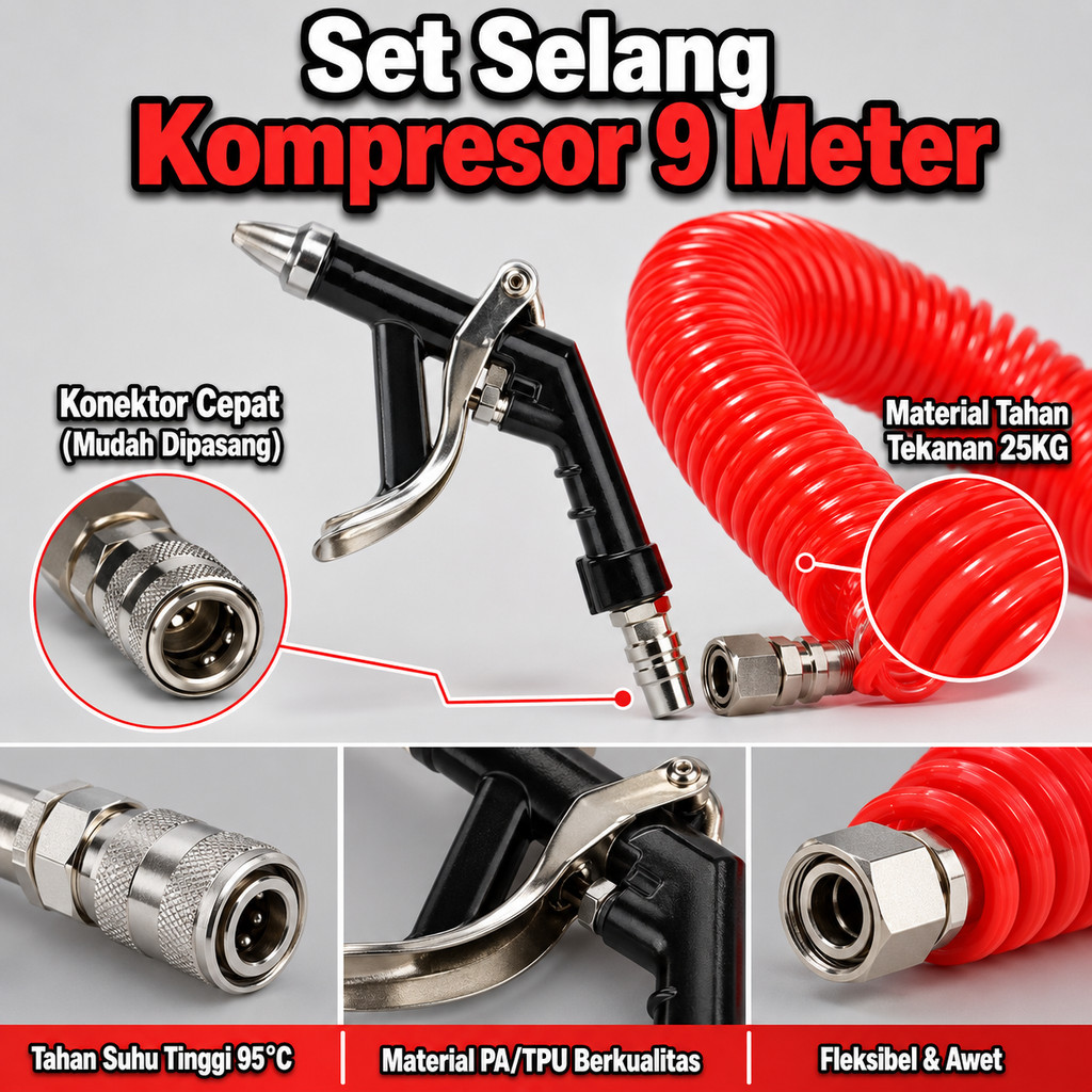 Selang kompresor udara spiral pegas 9 meter + pistol peniup