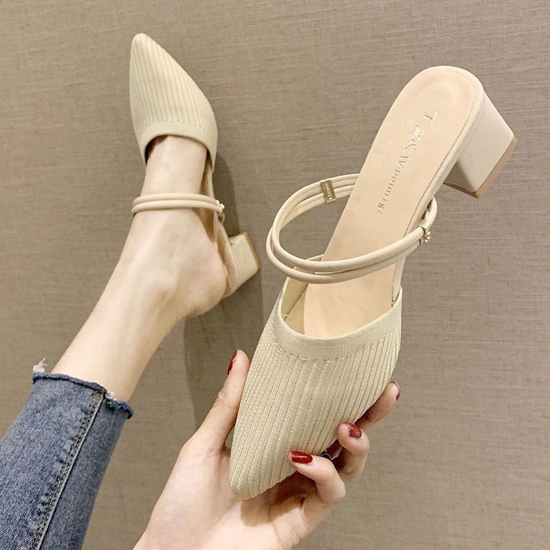 [Sepatu Trendy][COD] Sepatu Wanita Hak Sedang Ujung Lancip Rajut Hak Tebal Setengah Mules