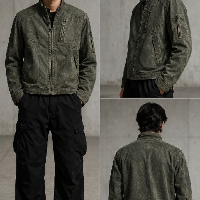 Vintage Y2K Olive Workwear Motorcycle Jacket Army Green Distressed Canvas Field Jacket Streetwear Ra