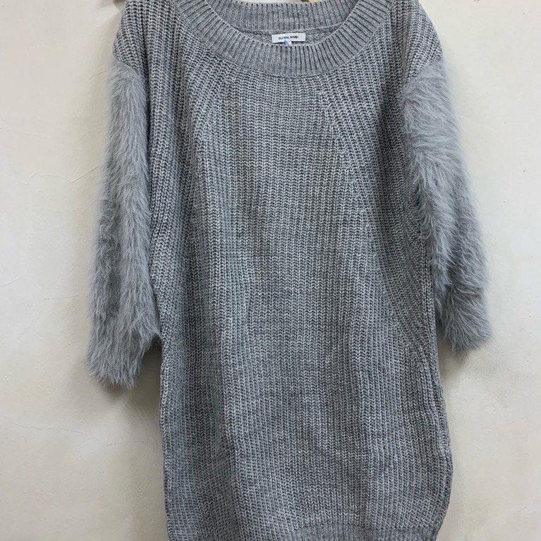 GLOBAL WORK DRESS KNIT | Minidress rajut lengan berbulu | baju hangat - grey