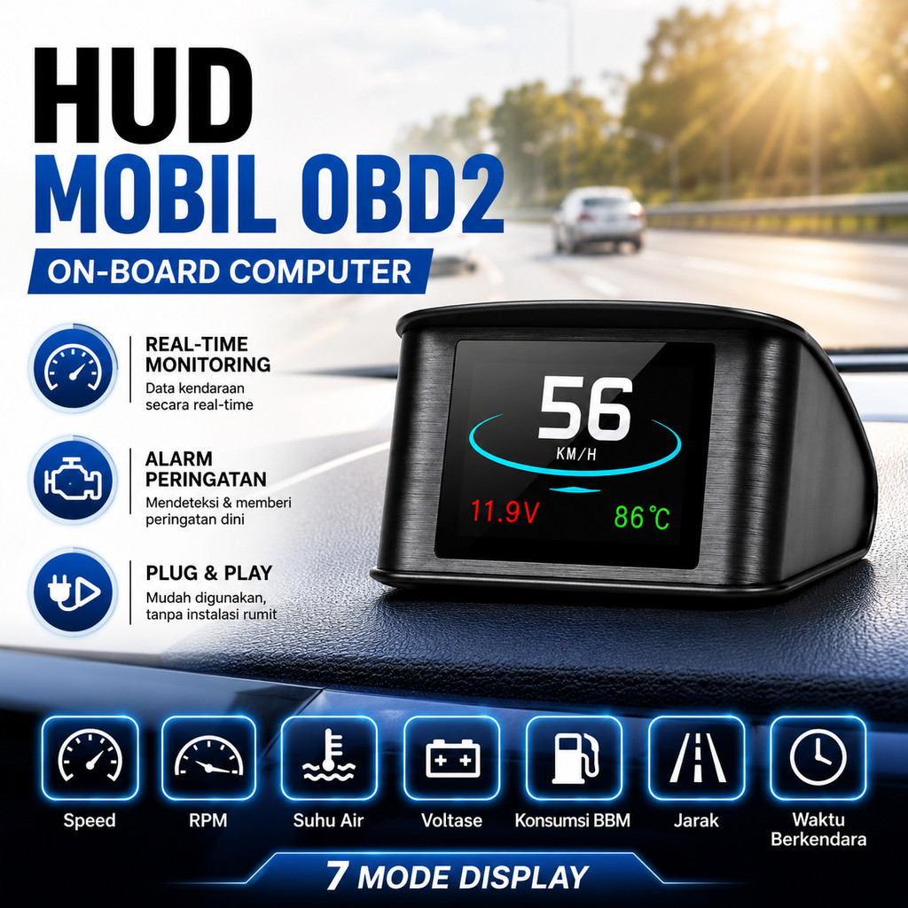 HUD Mobil OBD2 On-board Computer Speedometer LCD Real-Time Data Kecepatan RPM Suhu Air Voltase Fuel 