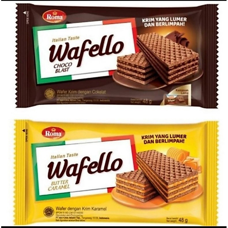 Roma WAFELLO 38g [1 PACK Isi 10pcs] - Wafer Dengan Krim Cokelat / Keju / Karamel Renyah Camilan Snac