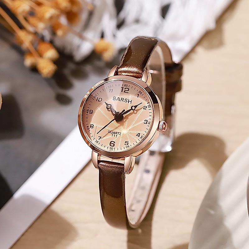 Jam Tangan Wanita Fashion Tali Kulit Analog Kecil Gaya Korea Barsh Kaca Mewah
