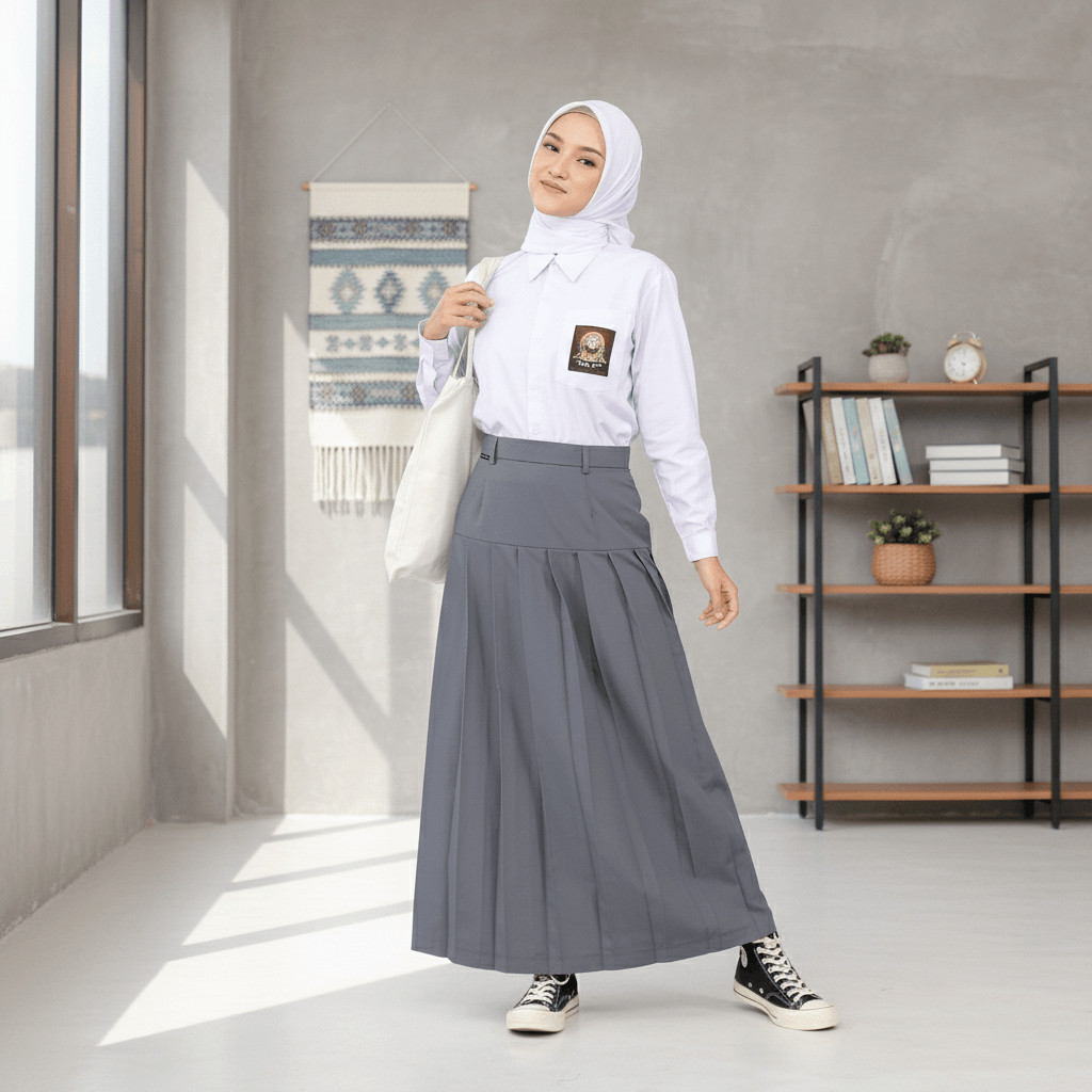 Rok SMA Putih Hitam Bawah Pinggang SMP Baping Sekolah Span Panjang Rempel Abu Biru Seragam Coklat