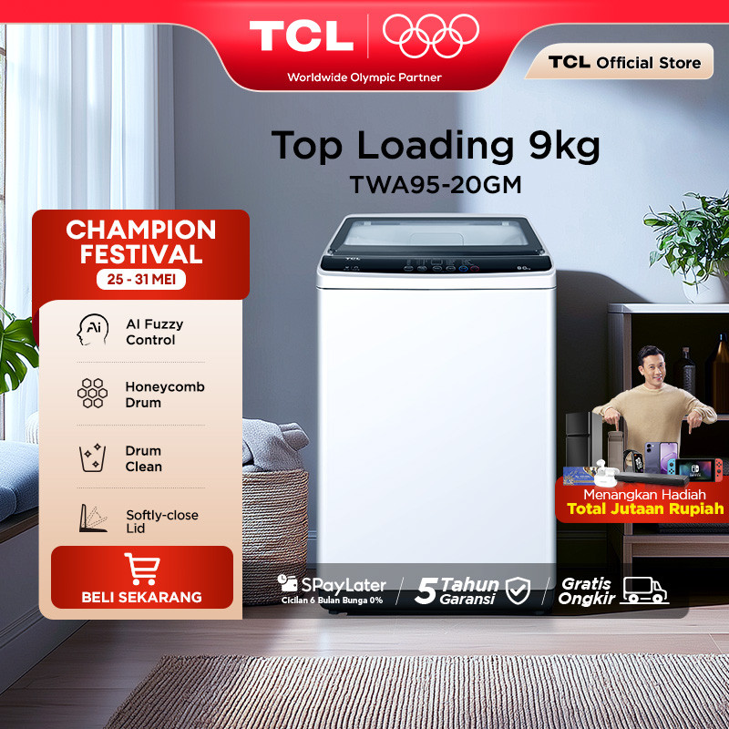 TCL Mesin Cuci 1 Tabung - Top Loading 9 KG - Honeycomb Crystal Drum - Auto Cleaning - Eight Wash Pro