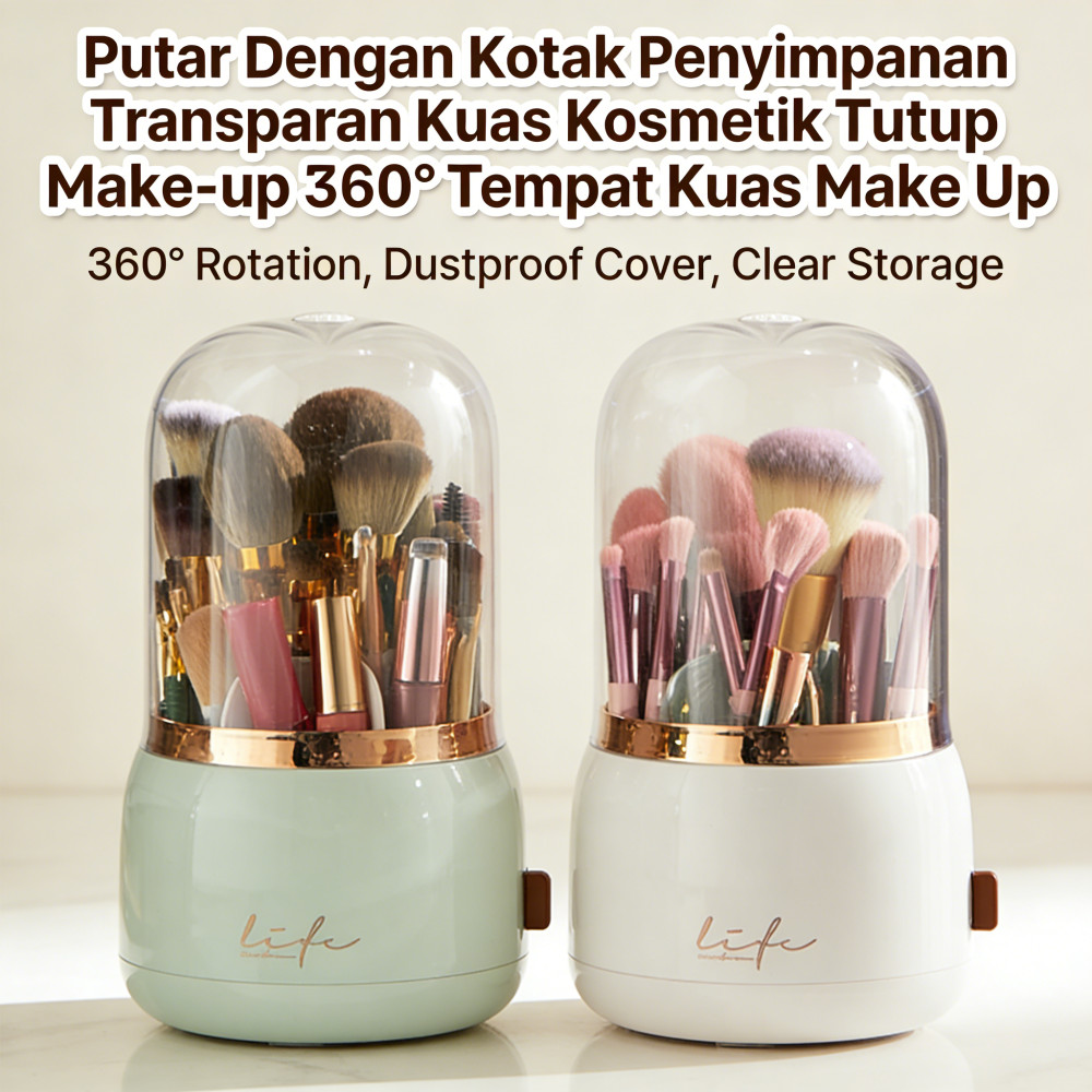 Kotak Make-up Putar Kuas Kosmetik Tempat 360° Tutup Transparan Kuas Make Up