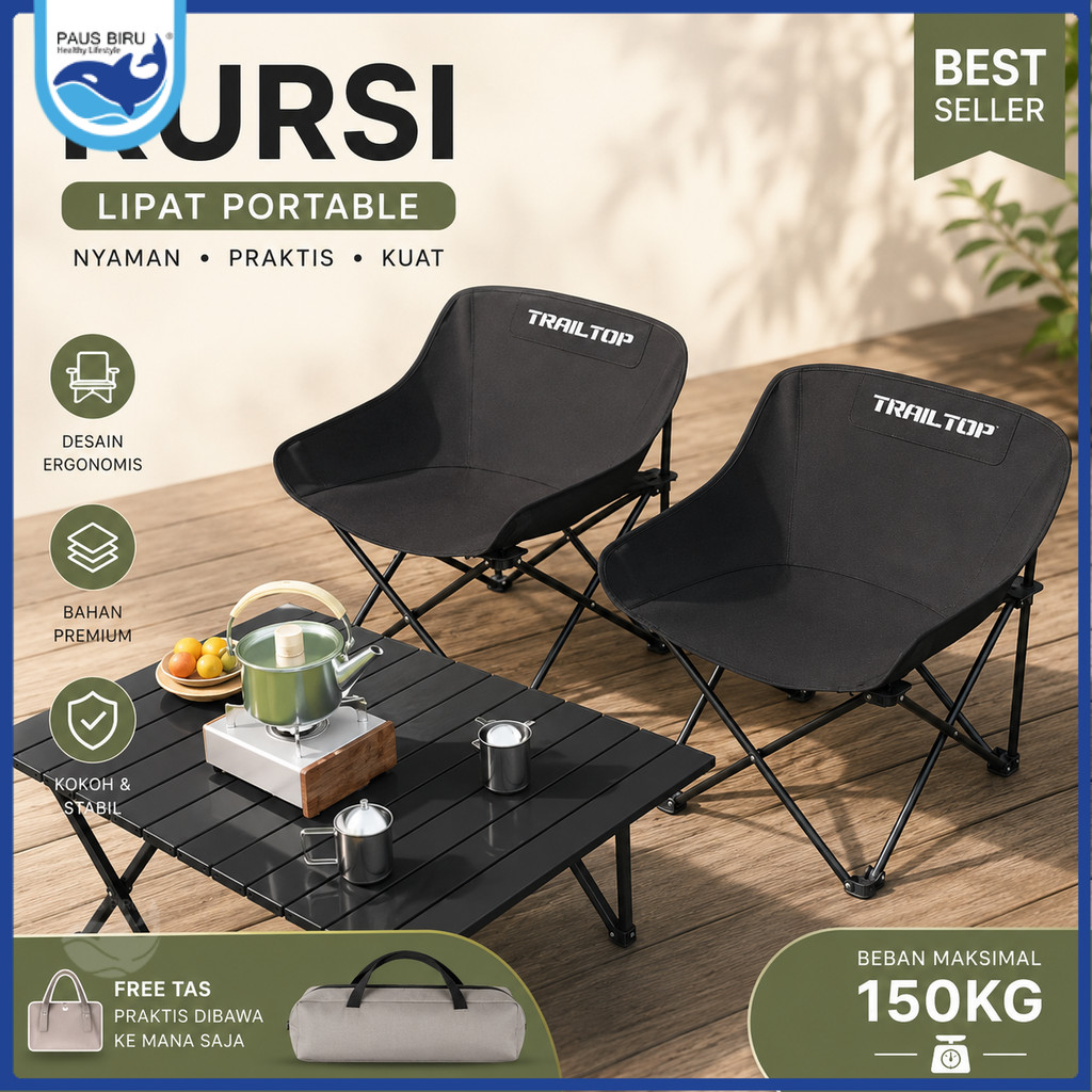 Paus Biru - Meja Lipat Bulat Moon & Kursi Lipat Outdoor Portable | Set Meja Kursi Camping Piknik San
