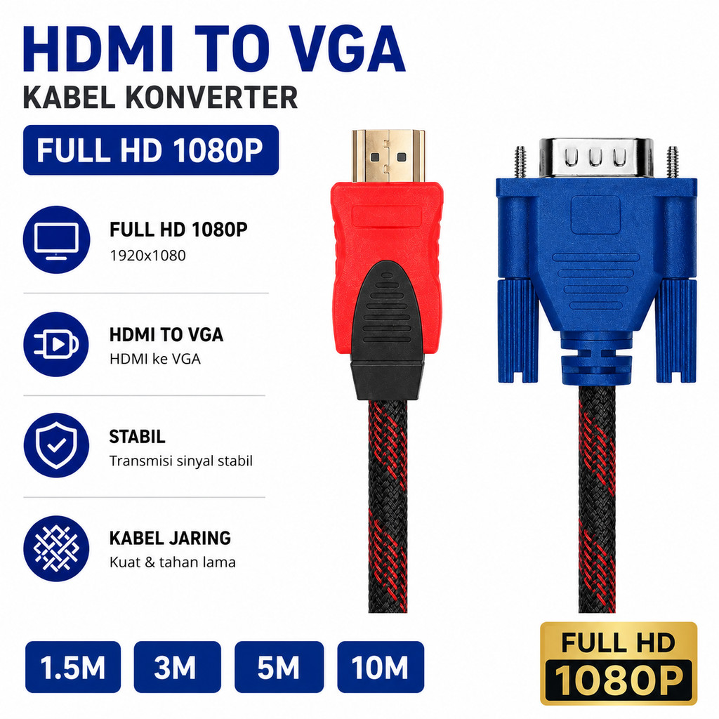 Kabel HDMI to VGA 1.5M / 3M / 5M / 10M / 15M / 20M / 25M Full HD 1080P