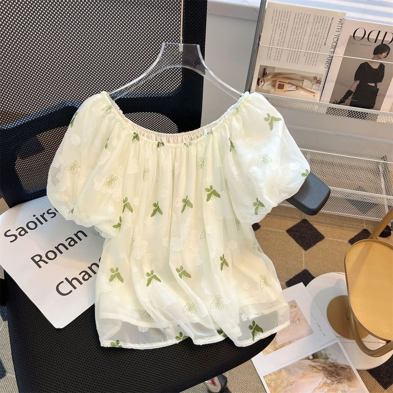 sifon wanita motif dengan blus puff bunga, off-shoulder Atasan berlengan