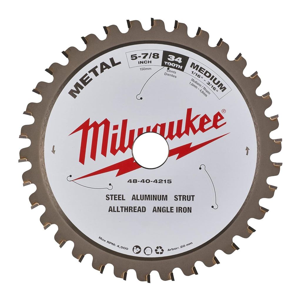 Milwaukee 48-40-4215 Mata Circular Saw 5-7/8" 34T Potong Besi Carbide Arbor 20mm