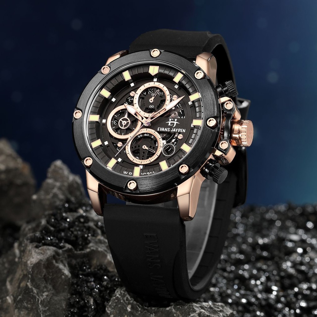 Promo Guncang 6.6 Evans Jayden Jam Tangan Pria 9570 Rubber Silicon Chrono Kaca Safir 10 ATM