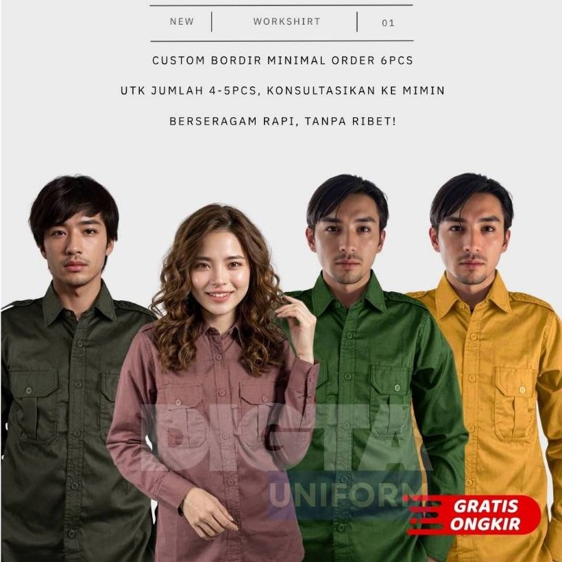 SERAGAM CUSTOM BORDIR Warna Hijau Army, Salem/ Mauve, Hijau Botol, Kuning Mustard - Kemeja Polos Pri