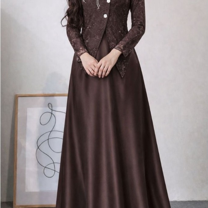 DRESS SAHARA GAMIS LEBARAN 2026 Model Baru Special Burgundy Mahogany Satin Brokat Full Payet Mutiara