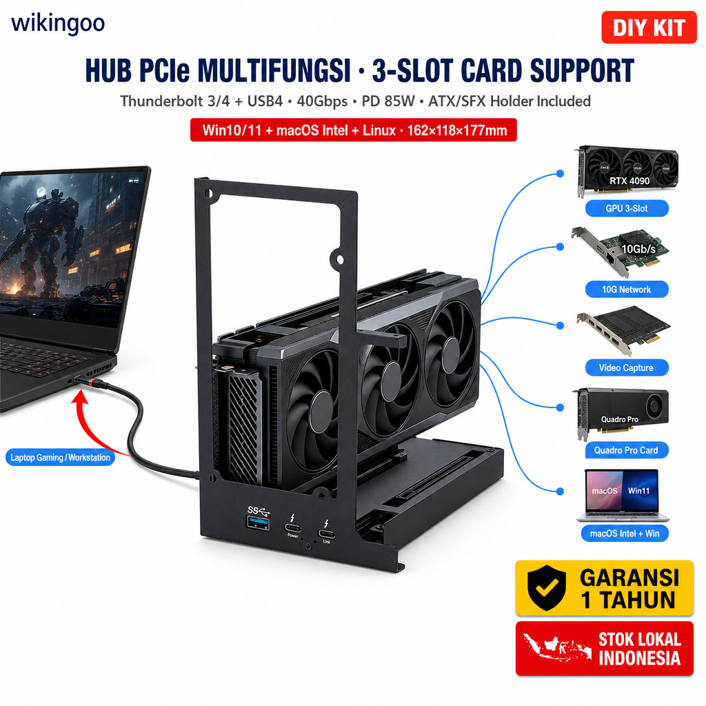 Dudukan Kartu Grafis Eksternal eGPU Dock DIY Kit Thunderbolt 3/4 USB4 40Gbps Hub PCIe Multifungsi Au