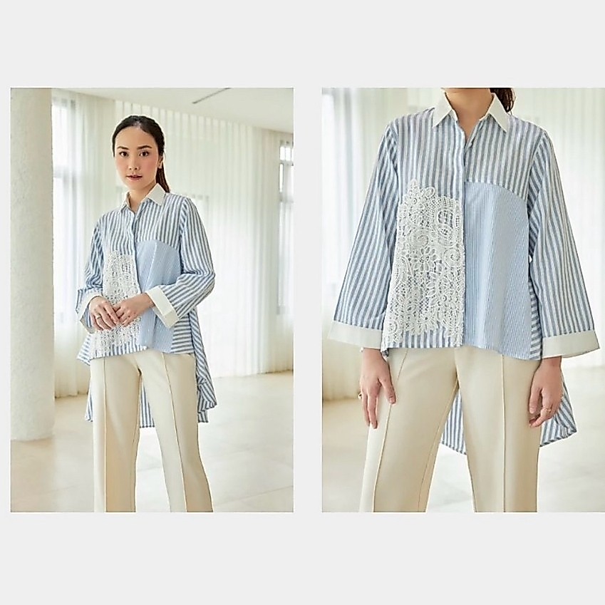 Studio Tui Kemeja Blouse Baju Wanita Stripe Kerah Lace PL