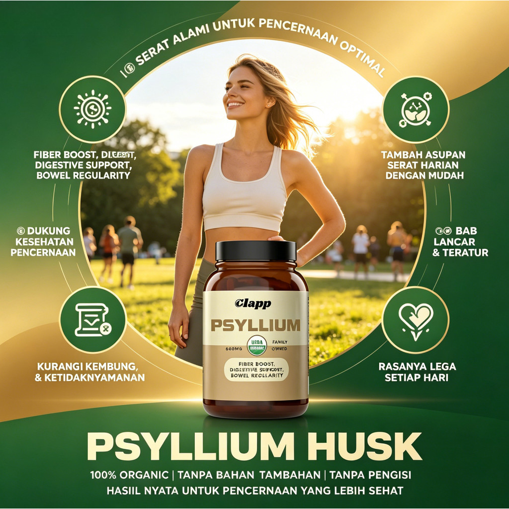 Clapp Organic Psyllium Husk - Serat Alami, Lancarkan Pencernaan & BAB  60 Kapsul  CO3493
