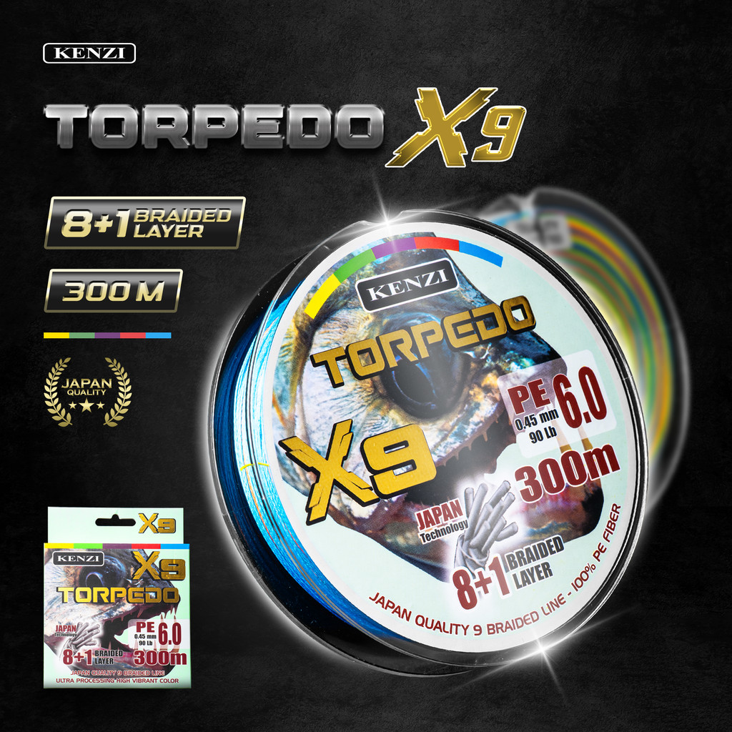 Senar Pancing PE KENZI TORPEDO X9 300 meter Multicolor Braided Line Super Halus & Kuat Jalinan 8+1