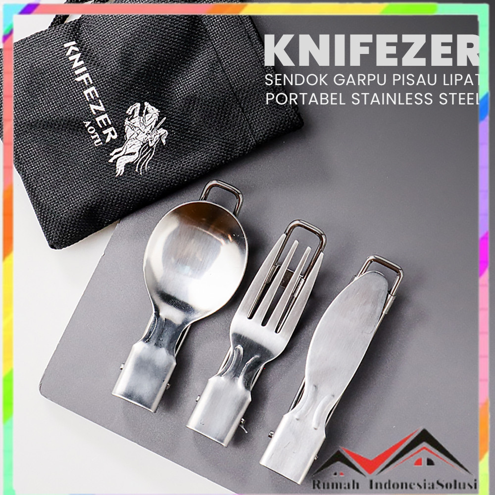 

- KNIFEZER Set Alat Makan Sendok Garpu Pisau Lipat Portable Cutlery - AOTU -