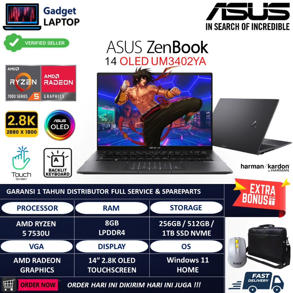 Laptop ASUS Zenbook 14 OLED UM3402YA Amd Ryzen 5 7530U 8GB 1TB 2.8K Touchscreen Windows 11 Home
