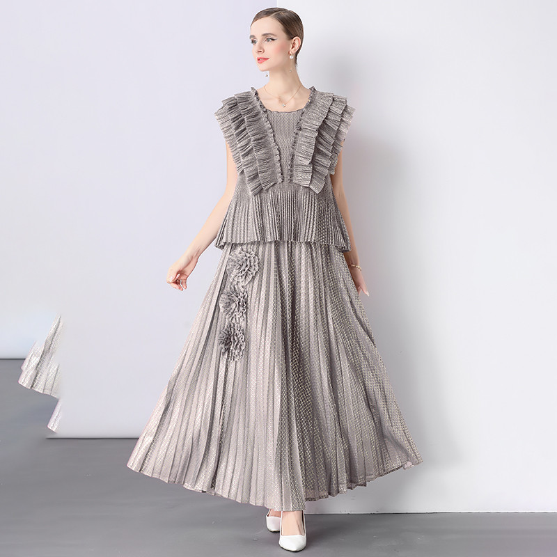 Miyake rok lipit bunga dekorasi, rok lipit longgar lipit perunggu 20258