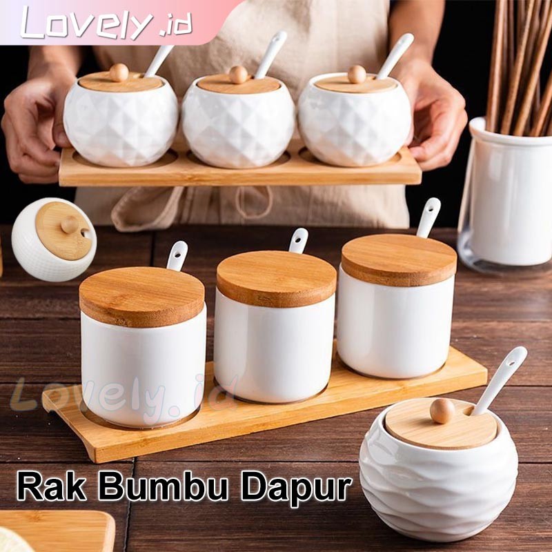 Guci Bumbu Keramik Guci Bumbu Dapur Set 3 + 1 Alas Kayu / serbaguna toples bumbu dapur keramik