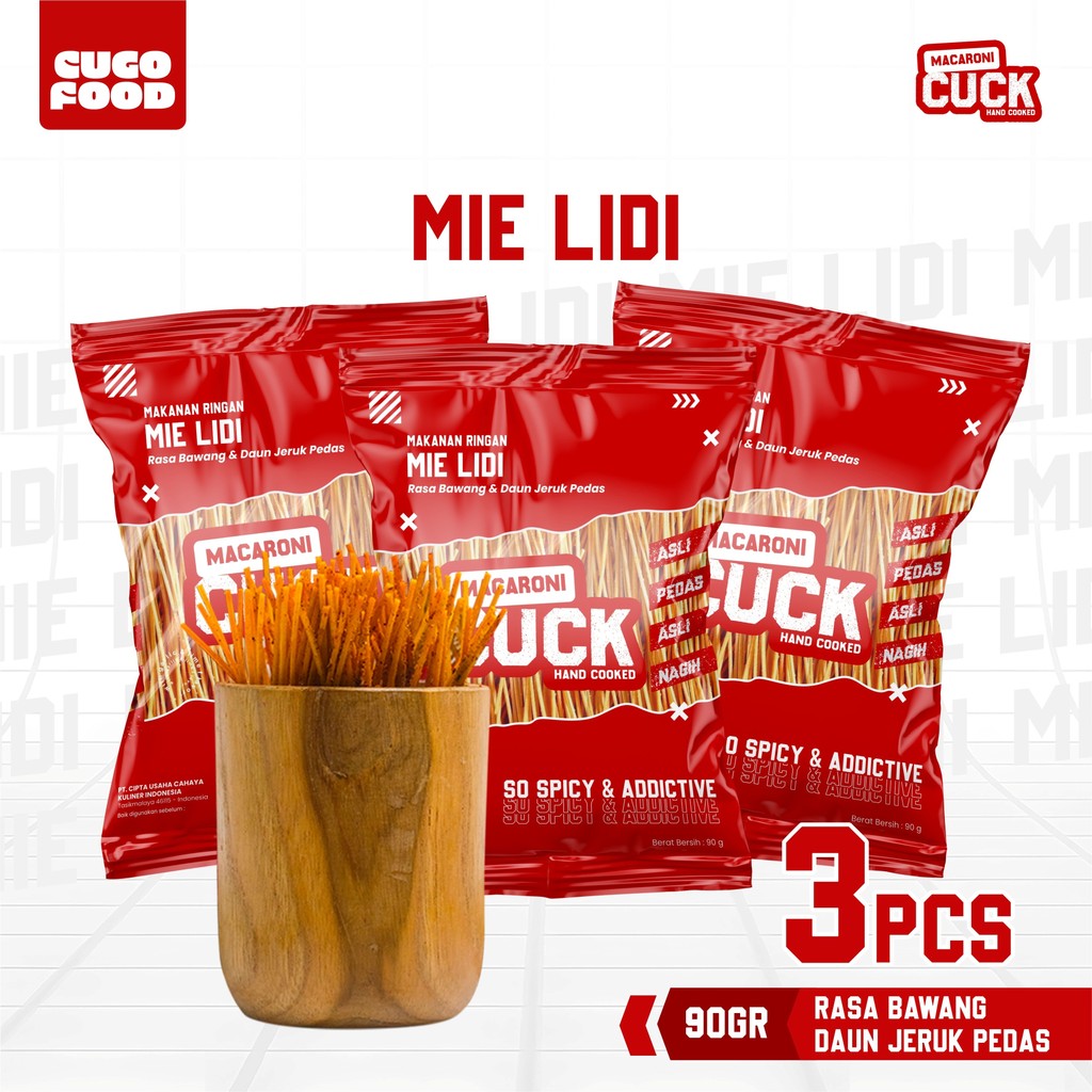 Macaroni Cuck Mie Lidi Pedas Daun Jeruk Kemasan 80 gr x 3 pcs Snack Cemilan Gurih Asin