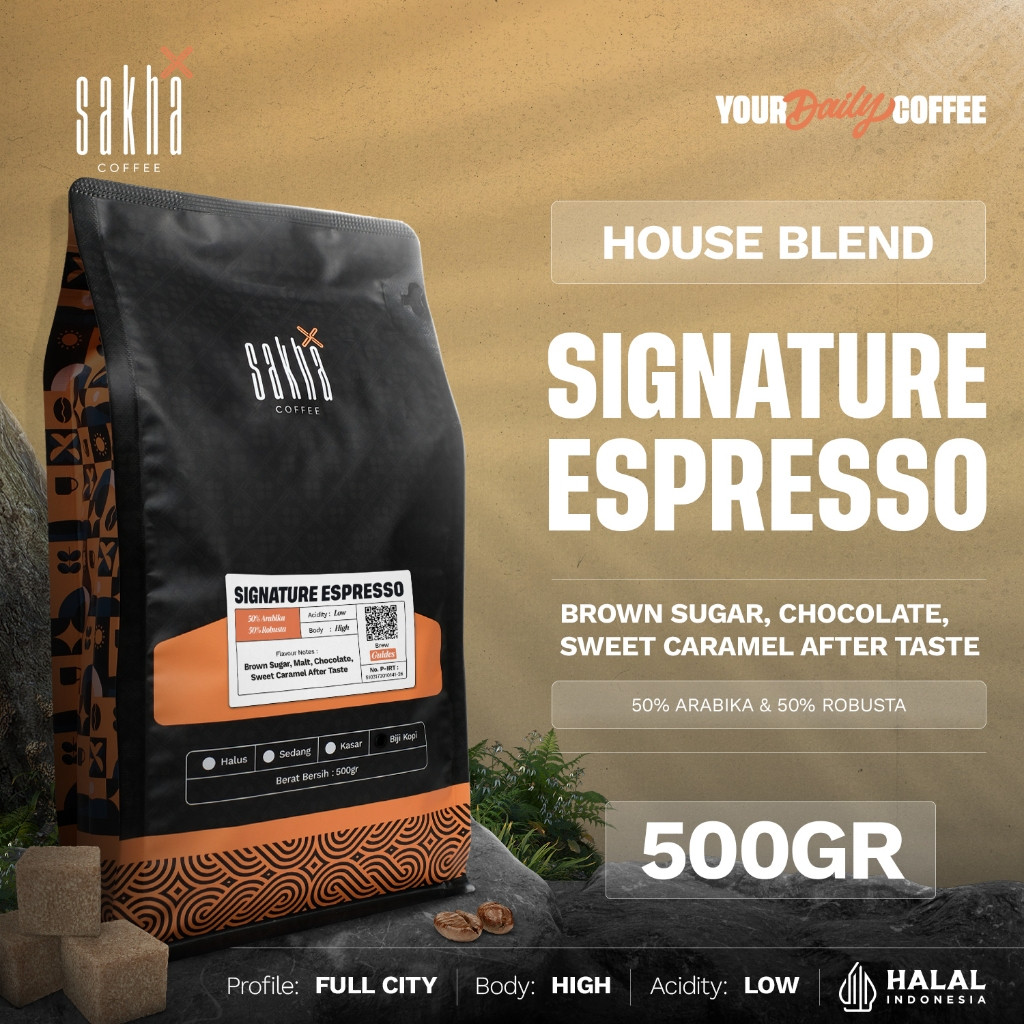 

Biji Kopi Bubuk Signature Espresso House Blend 50% Arabika 50% Robusta Coffee Beans Coffe Bean 500gr