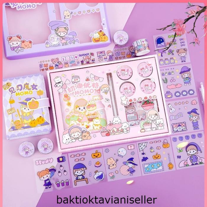 Set buku diary lucu sticker momo kado anak perempuan cute journal - Merah Muda