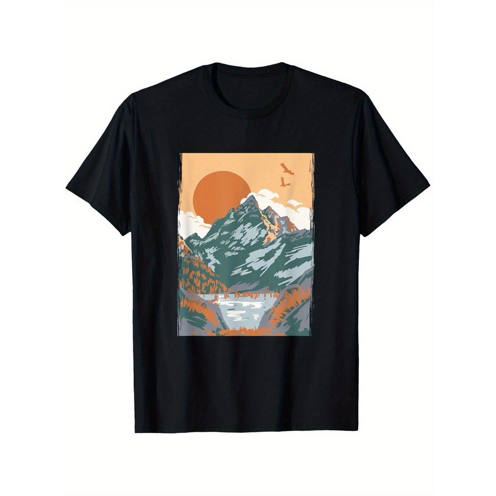 Sunset Gunung Danau Vintage | Kaos Seni Petualangan Pendakian Vintage, 100% Katun, 180gr, Kerah Bula