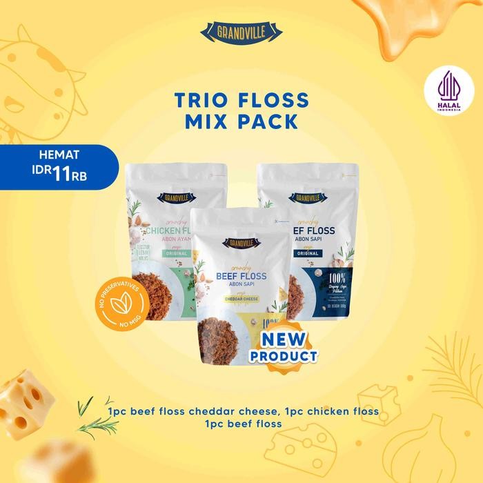 

Grandville Abon Sapi Cheddar Cheese, Ayam & Sapi Crunchy Halal Trio Mix Pack - Aman untuk anak usia MPASI
