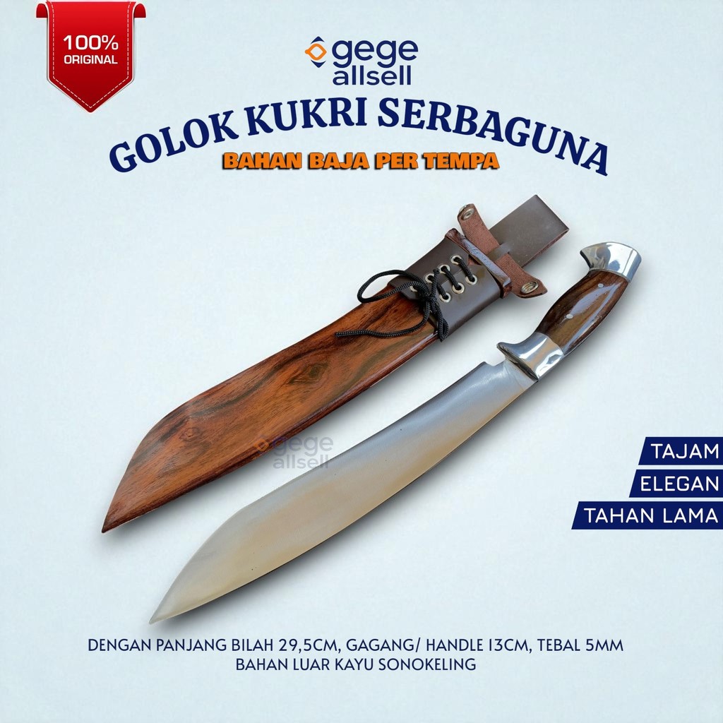 Pisau Kukri Serbaguna Asli Baja Tempa Panjang Bilah 29,5cm Cocok Berkebun, Outdoor, dan Camping
