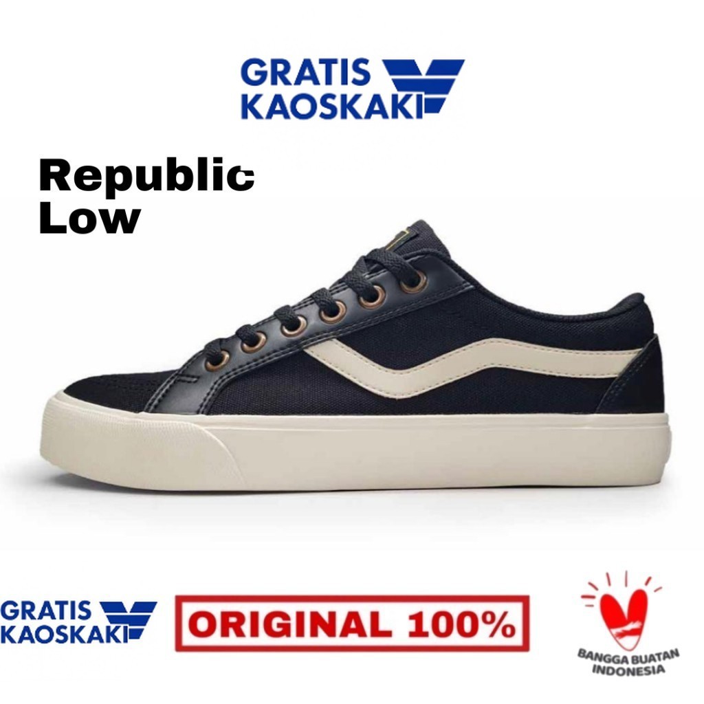 Sepatu Ventela Republic Black Natural Low - Sneakers Pria/Wanita Casual Hitam Putih 36-44 - Ventela 