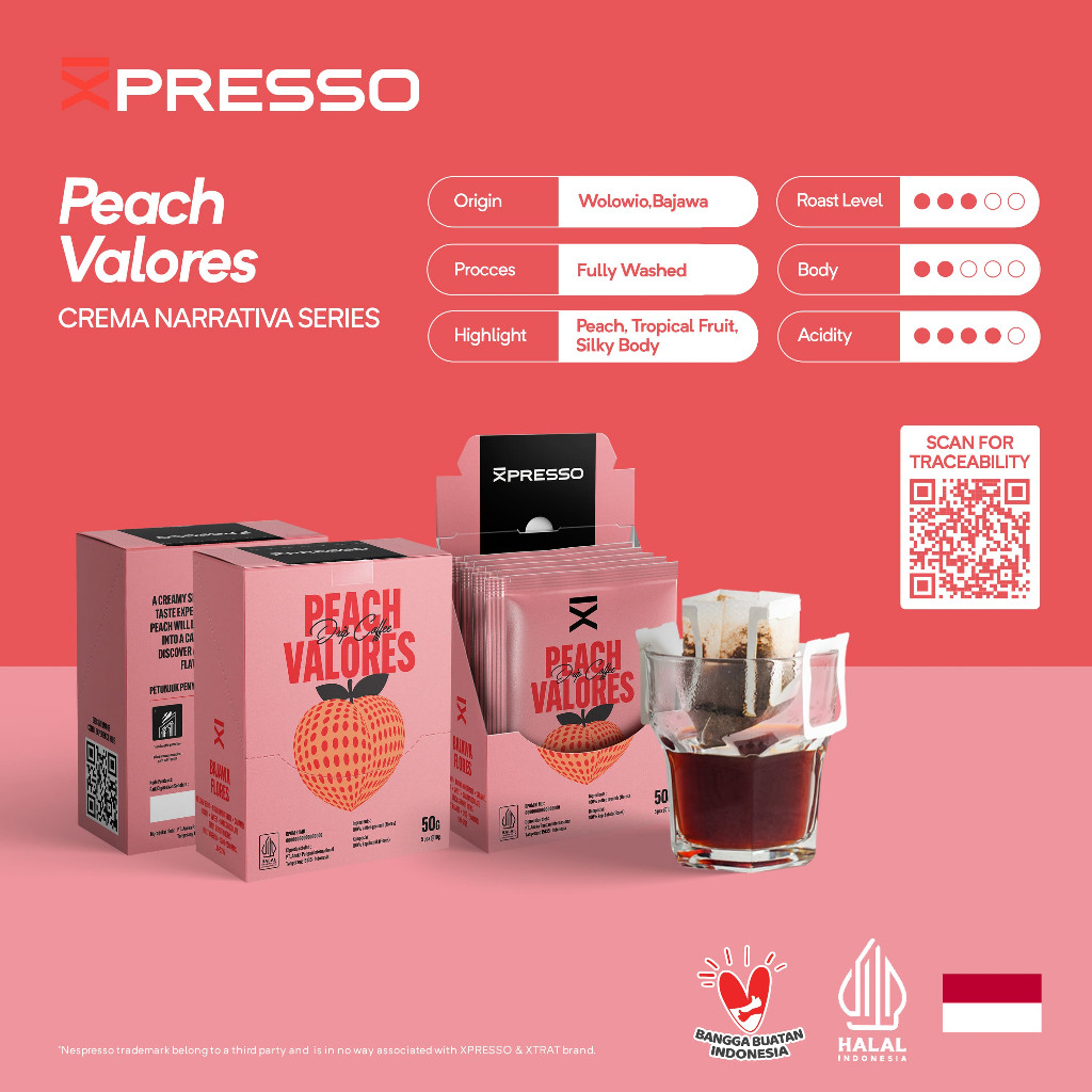 

XPRESSO Drip Bag Coffee - Flores Peach Valores - Kopi Drip 5 Pcs