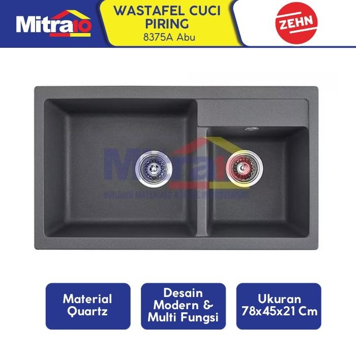 Wastafel Granite Zehn+ 2 Kolom Abu 78x45x21cm 8375A - Double Granite Sink Gray