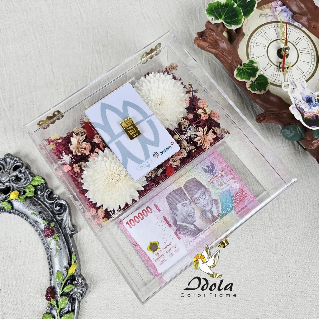 IDOLA FRAME : AKRILIK TEMPAT 1 LM & UANG + HIAS/AKRILIK TEMPAT ANTAM/ TEMPAT LOGAM MULIA/ MAHAR/KOTA