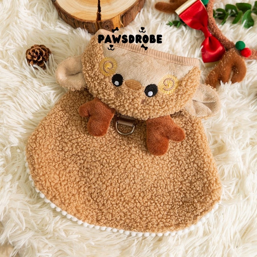 Baju Edisi Natal Doggy Kucing Motif Rusa dan Pohon Natal Christmas Hoodie Cantolan Tali Pawsdrobe