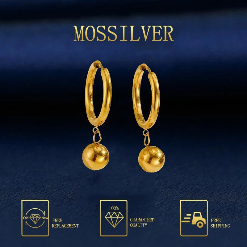 MOSSILVER Anting Hoop Minimalis Bulat Kecil Bola Emas Halus