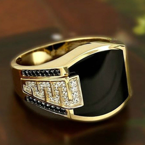Aksesoris, Cincin Batu Permata Hitam Cermin Pria, Cincin Berlian Penuh