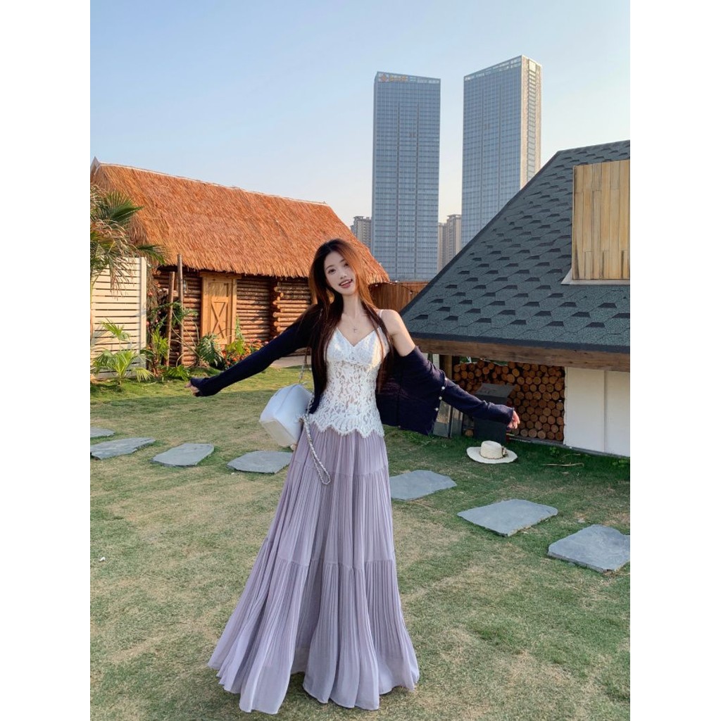 Thin Sunscreen Cardigan Pure Desire Lace Camisole Elegant Pleated Skirt Set